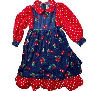 Cherry Print Kids Casual Dress - Red and Blue